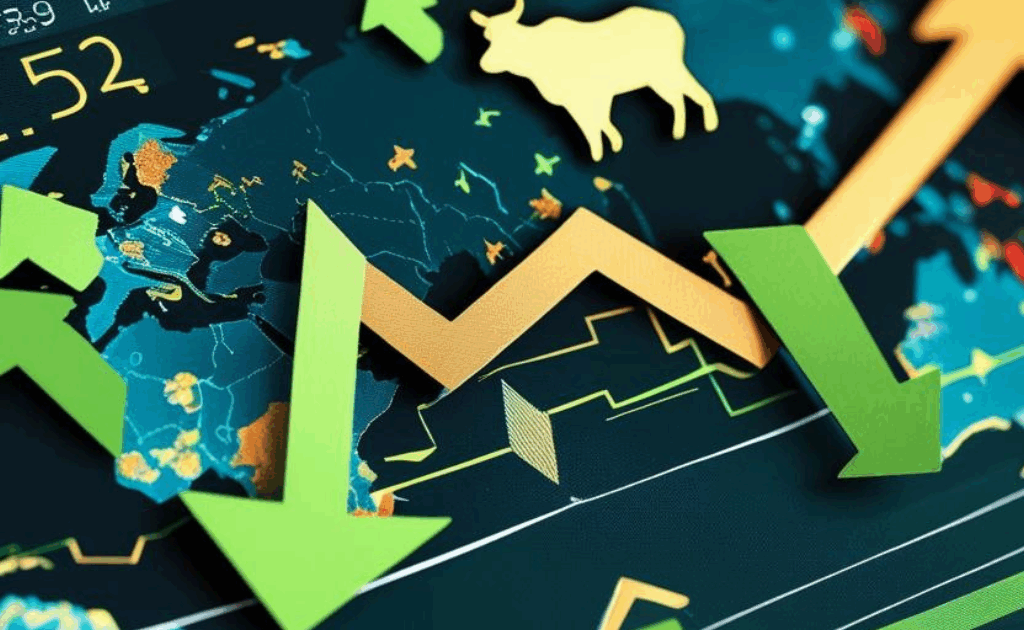 A dynamic stock market dashboard with green and yellow arrows, a bullish icon, and a global map background, symbolizing market growth and investor sentiment.