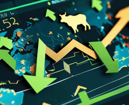 A dynamic stock market dashboard with green and yellow arrows, a bullish icon, and a global map background, symbolizing market growth and investor sentiment.