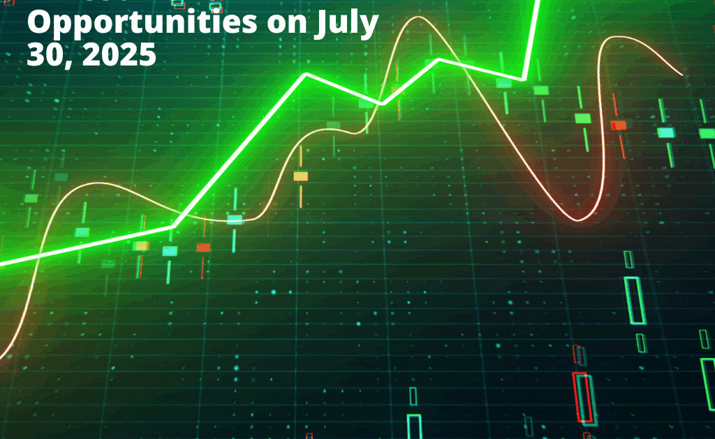 A digital stock market chart with green and red candlesticks and a rising green trendline, representing IPO market growth and investment opportunities as of July 30, 2025.