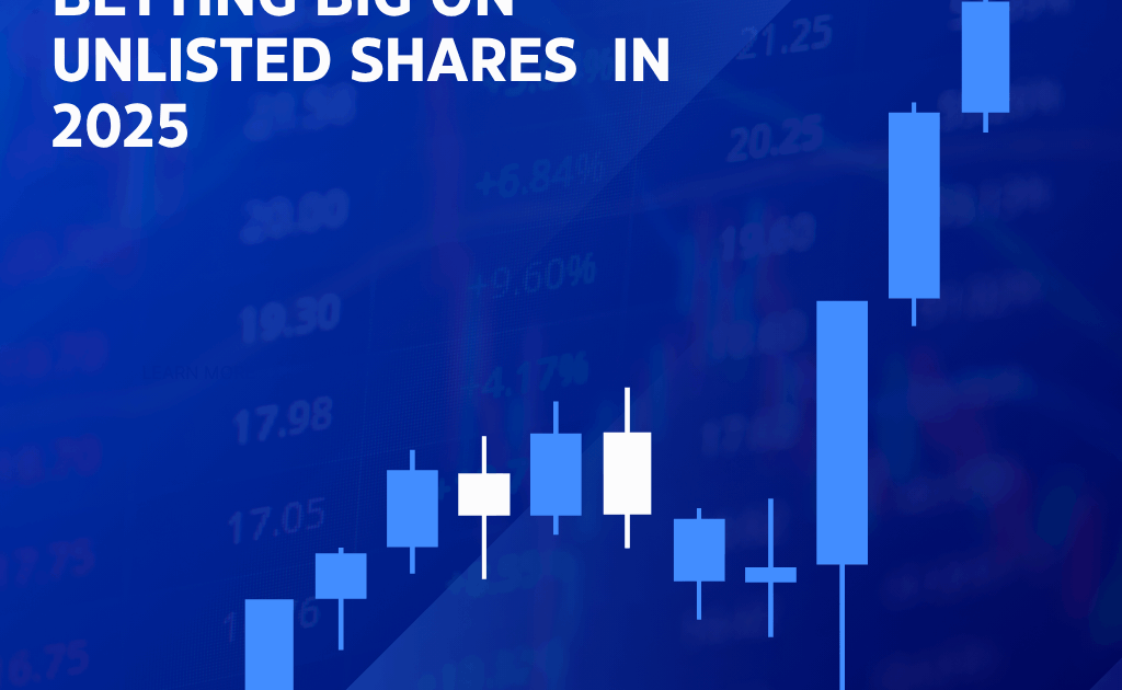 Graph showing bullish stock market candlestick pattern with title text "5 Reasons HNIs Are Betting Big on Unlisted Shares in 2025"
