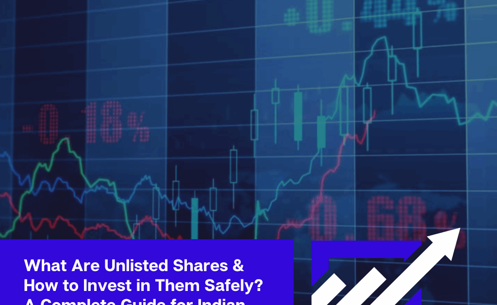 Graphical representation of stock market trends with the title “What Are Unlisted Shares & How to Invest in Them Safely? A Complete Guide for Indian Investors” overlaid on a blue financial data background.