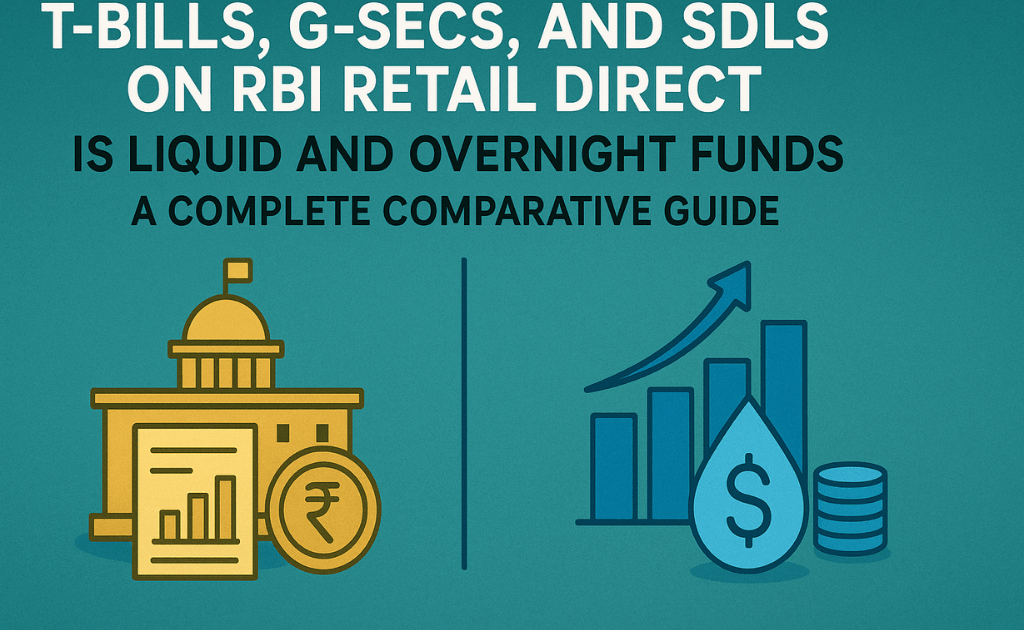 A graphic with a teal background comparing two investment types. On the left, a golden government building with a flag and a rupee coin represents T-Bills, G-Secs, and SDLs on RBI Retail Direct. On the right, blue bar graphs with a rising arrow, a droplet containing a dollar sign, and a stack of coins represent Liquid and Overnight Funds. The title reads: "T-BILLS, G-SECS, AND SDLS ON RBI RETAIL DIRECT VS LIQUID AND OVERNIGHT FUNDS - A COMPLETE COMPARATIVE GUIDE."