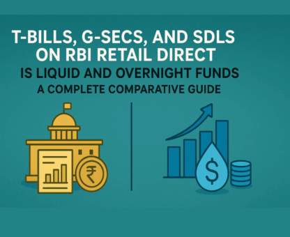 A graphic with a teal background comparing two investment types. On the left, a golden government building with a flag and a rupee coin represents T-Bills, G-Secs, and SDLs on RBI Retail Direct. On the right, blue bar graphs with a rising arrow, a droplet containing a dollar sign, and a stack of coins represent Liquid and Overnight Funds. The title reads: "T-BILLS, G-SECS, AND SDLS ON RBI RETAIL DIRECT VS LIQUID AND OVERNIGHT FUNDS - A COMPLETE COMPARATIVE GUIDE."