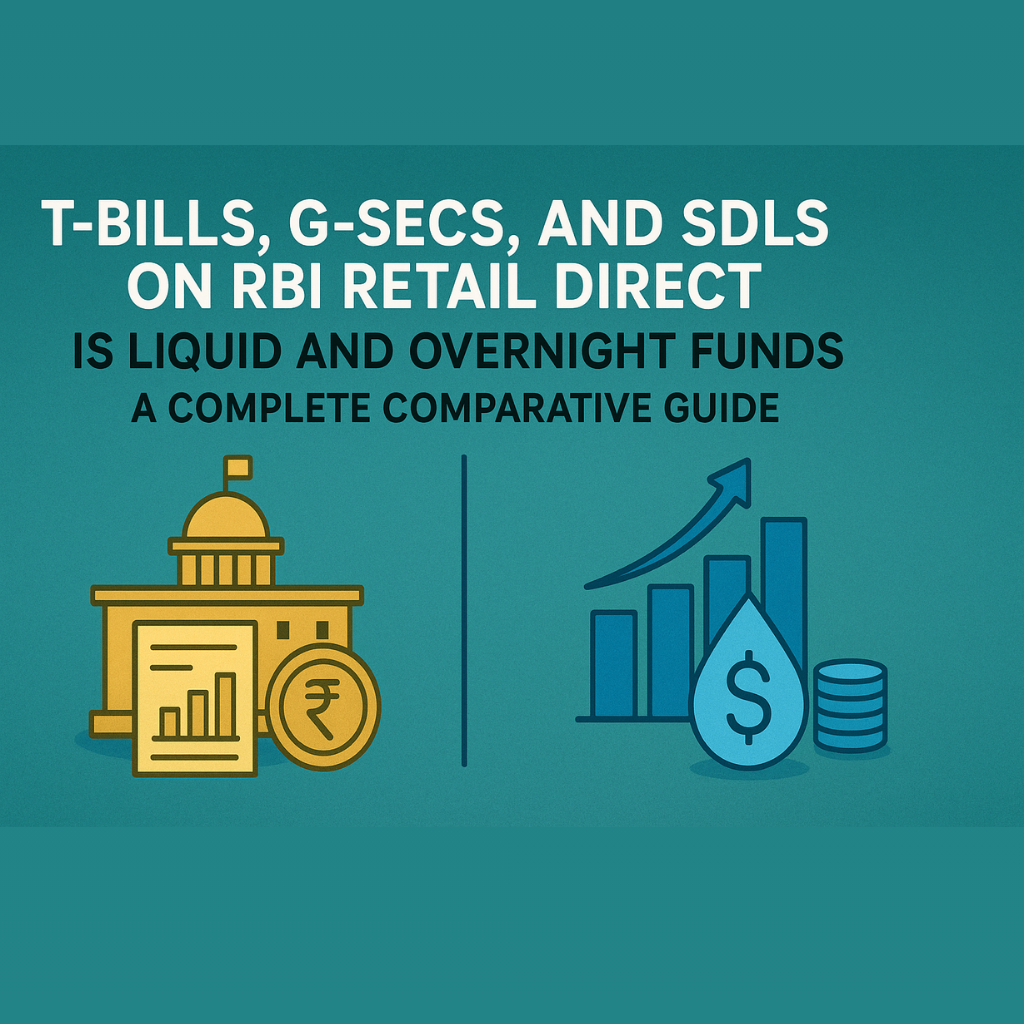 A graphic with a teal background comparing two investment types. On the left, a golden government building with a flag and a rupee coin represents T-Bills, G-Secs, and SDLs on RBI Retail Direct. On the right, blue bar graphs with a rising arrow, a droplet containing a dollar sign, and a stack of coins represent Liquid and Overnight Funds. The title reads: "T-BILLS, G-SECS, AND SDLS ON RBI RETAIL DIRECT VS LIQUID AND OVERNIGHT FUNDS - A COMPLETE COMPARATIVE GUIDE."