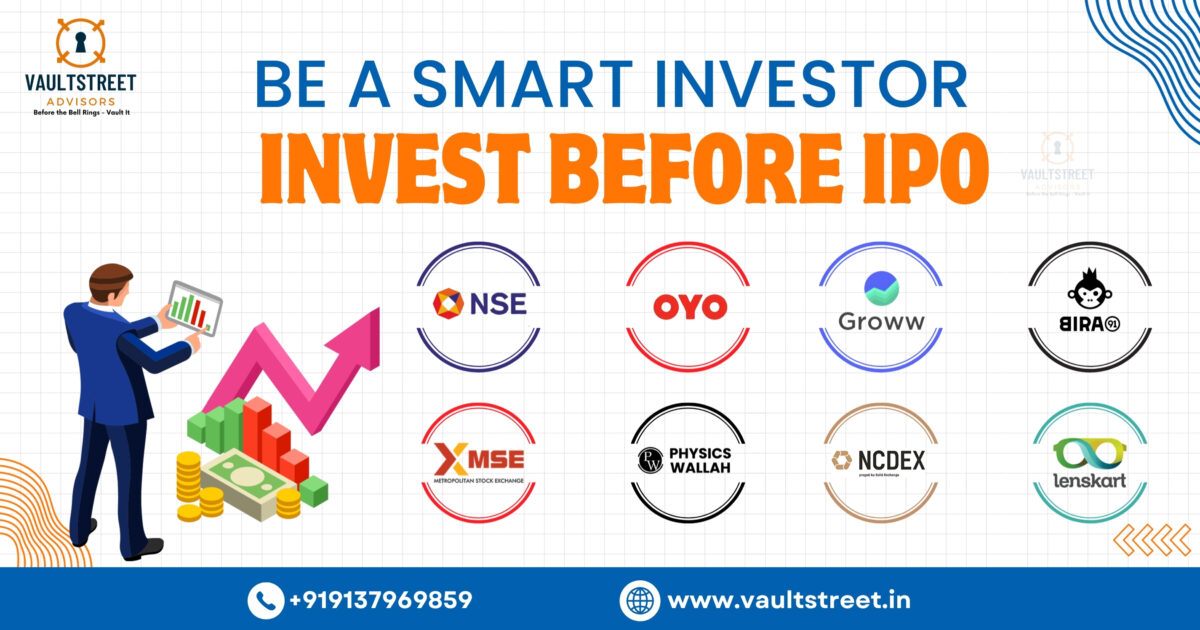 A graphic titled "BE A SMART INVESTOR, INVEST BEFORE IPO" showing a man viewing a tablet with a rising pink arrow and stack of money/coins. Below the title are logos of companies and exchanges like NSE, OYO, Groww, Mamaearth (BIRA), MSE, Physics Wallah, NCDEX, and Lenskart, suggesting opportunities for pre-IPO investments.