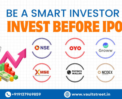 A graphic titled "BE A SMART INVESTOR, INVEST BEFORE IPO" showing a man viewing a tablet with a rising pink arrow and stack of money/coins. Below the title are logos of companies and exchanges like NSE, OYO, Groww, Mamaearth (BIRA), MSE, Physics Wallah, NCDEX, and Lenskart, suggesting opportunities for pre-IPO investments.