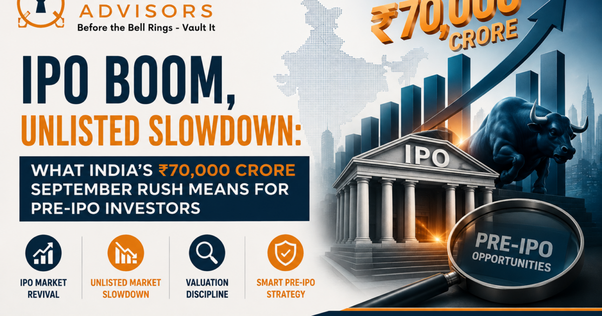 India ₹70,000 crore September 2026 IPO boom and unlisted market slowdown explained by VaultStreet Advisors for pre-IPO investors