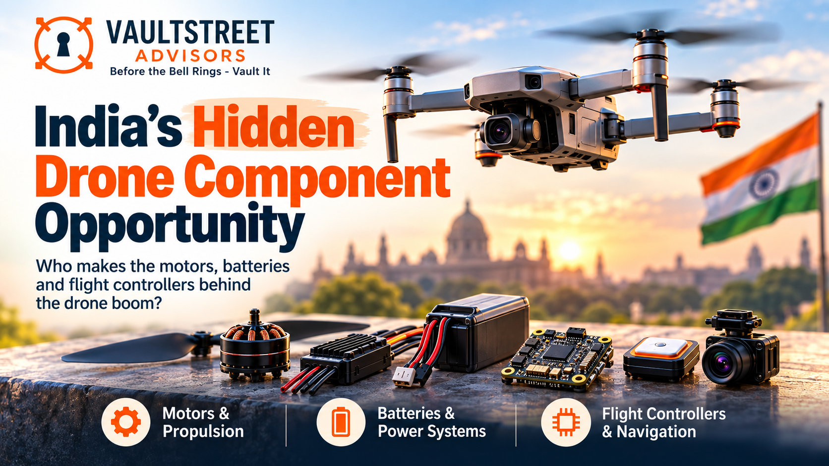 Drone component manufacturers in India covering motors, batteries, flight controllers and navigation systems