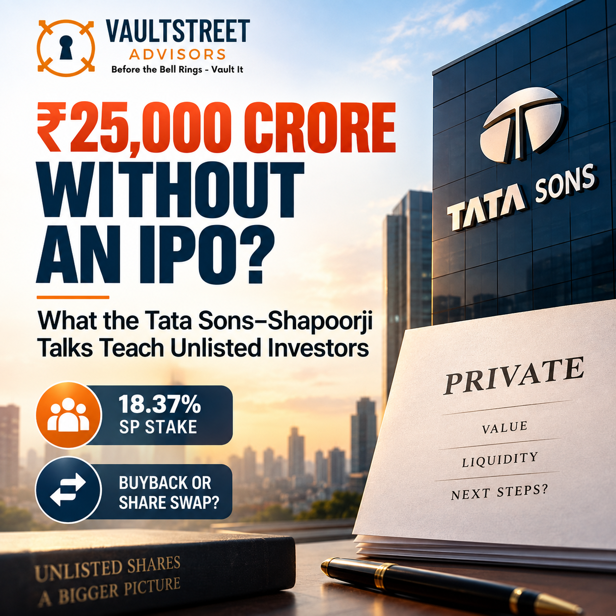 Tata Sons ₹25,000 crore Shapoorji Pallonji stake monetisation and unlisted share liquidity explained by VaultStreet Advisors