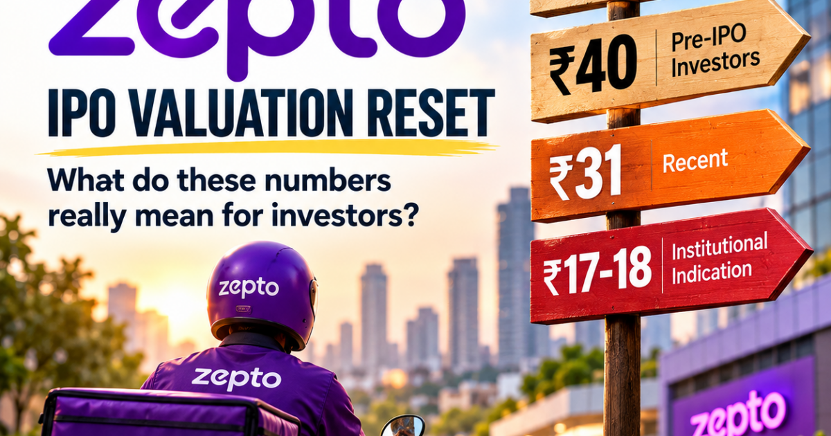 Zepto IPO valuation reset showing ₹55, ₹40, ₹31 and ₹17–18 valuation reference points with Equity vs CCPS explained by VaultStreet Advisors