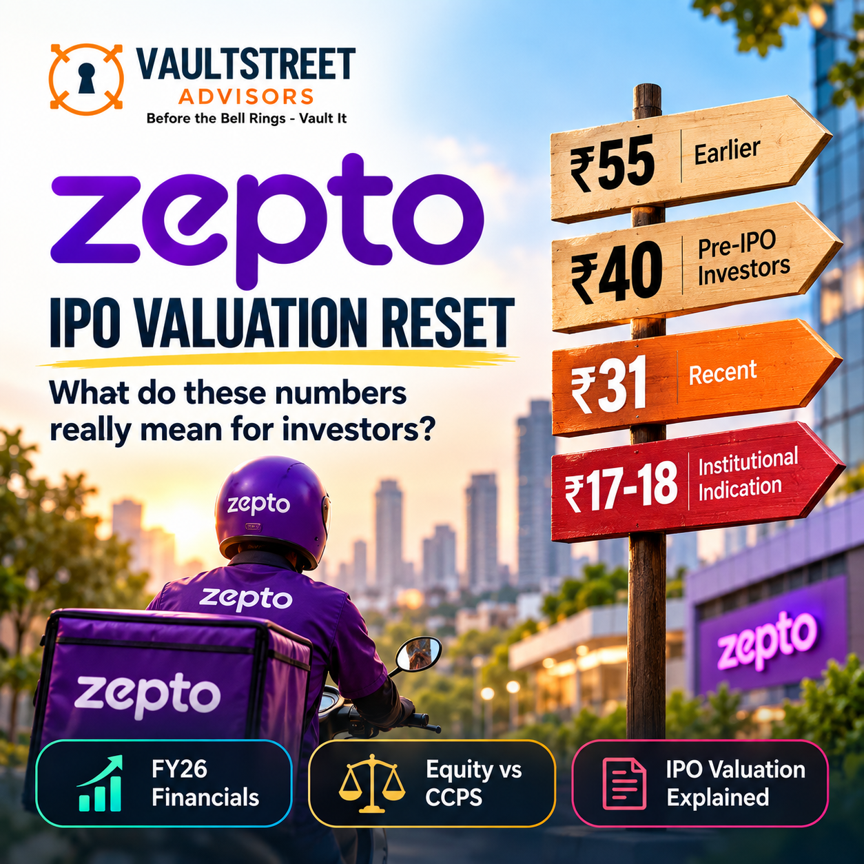 Zepto IPO valuation reset showing ₹55, ₹40, ₹31 and ₹17–18 valuation reference points with Equity vs CCPS explained by VaultStreet Advisors